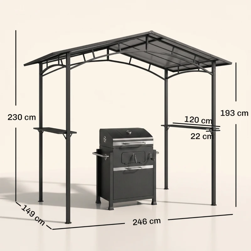 Outsunny Gazebo da Giardino per Barbecue BBQ con Tetto in PC e Mensole Laterali, 246x149x230cm, Nero