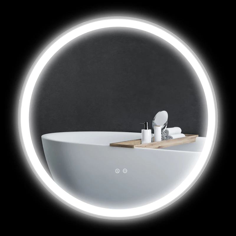 kleankin Badezimmerspiegel Badspiegel Wandspiegel, Antibeschlagsfunktion, LED-Licht, Ø80 x 3,3 cm, Weiß + Silber