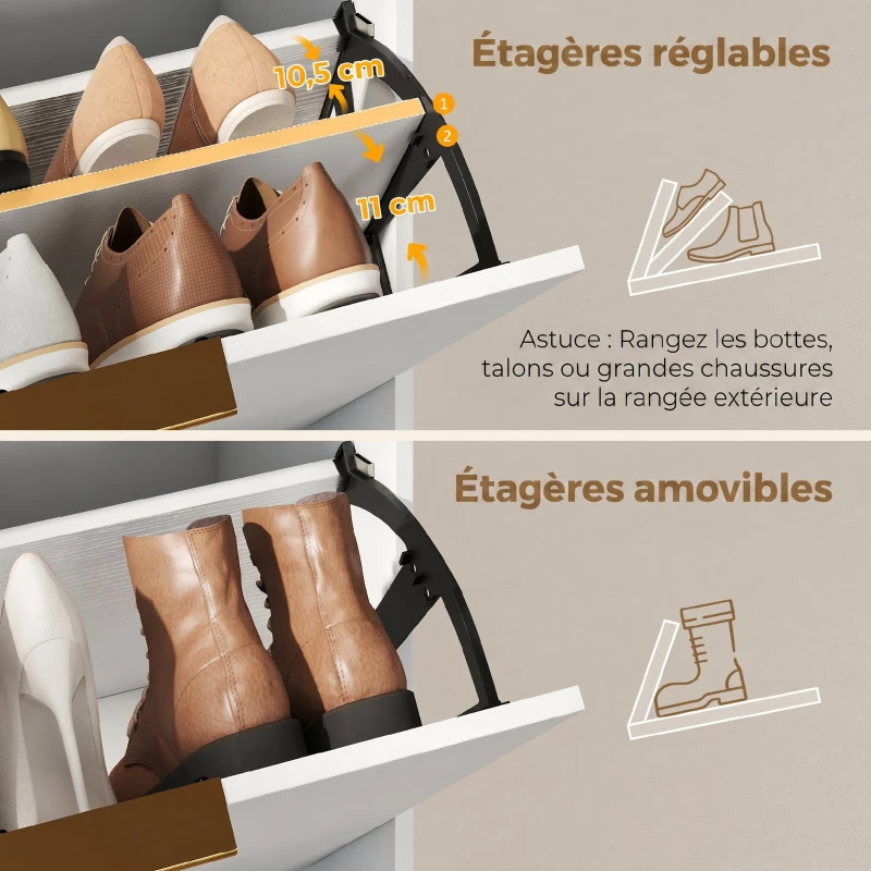 HOMCOM Meuble à chaussures 12 paires, armoire à chaussures étroite avec 2 tiroirs rabattables, étagères réglables, blanc