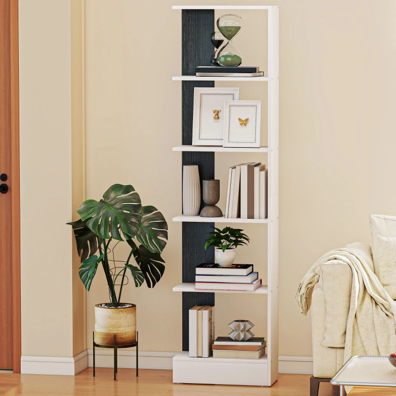 HOMCOM Bibliotecă Modernă Economisitoare de Spațiu cu 5 Rafturi din Lemn 45x21x170 cm, Alb și Negru