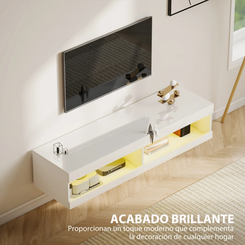 HOMCOM Mueble de TV Suspendido con Luces LED con Control Remoto Compartimentos Orificios Pasacables 140x40x30 cm Blanco Brillo