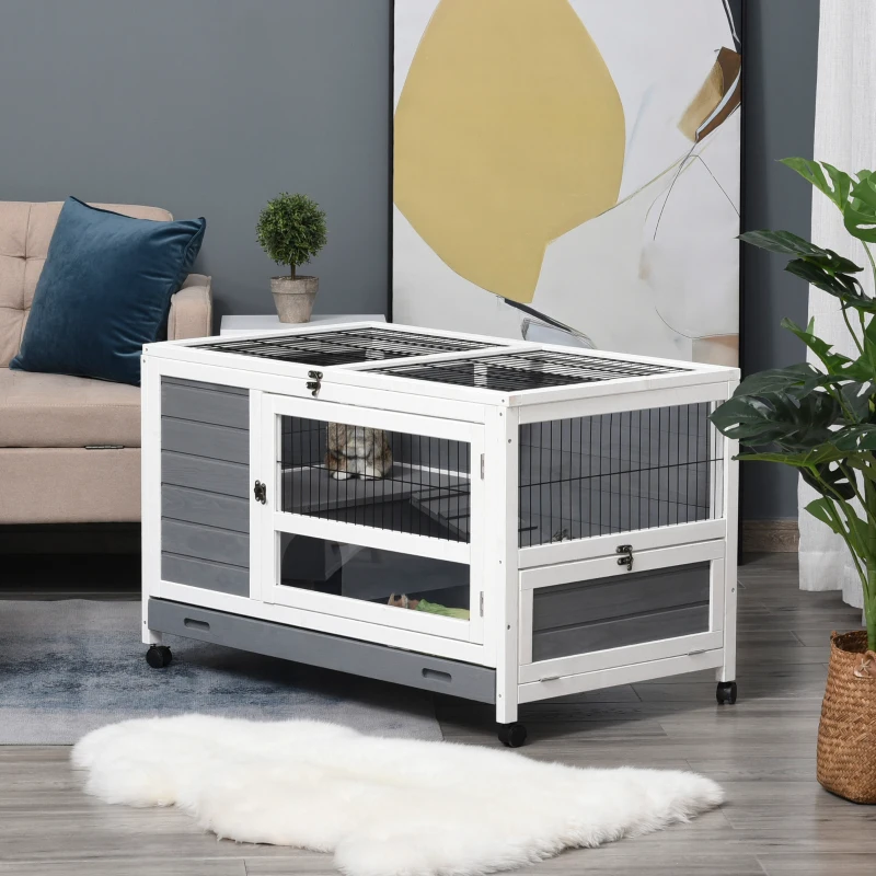 PawHut Clapier en bois cage à lapin villa pour lapin avec plateau coulissant, porte verrouillable, dessus ouvrable gris