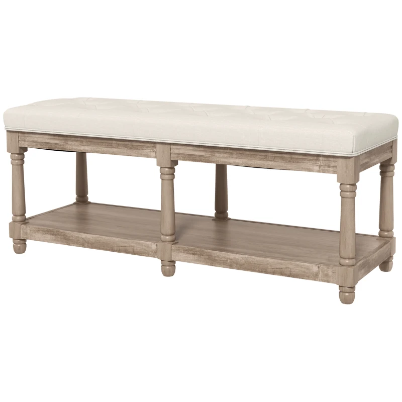 HOMCOM Sitzbank mit Stauraum, Vintage-Design, Knopfheftung, Kautschukbaumholz, 115x40x48cm, Cremeweiß