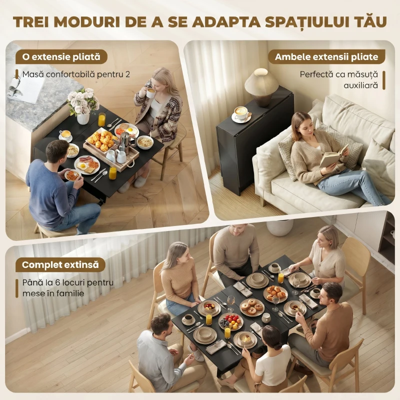 HOMCOM Masă Pliabilă din Lemn pentru 4-6 Persoane cu Roți, 75x140x74cm, Neagră