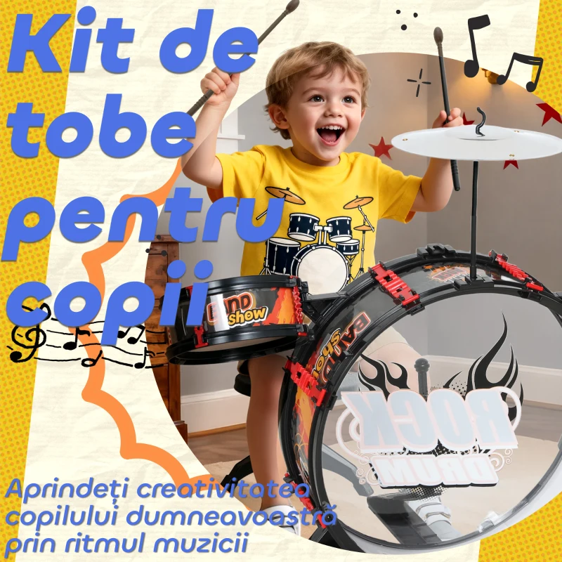 AIYAPLAY Set Tobă pentru Copii cu Scăunel, Joc Muzical pentru Copii 3-6 Ani, Negru