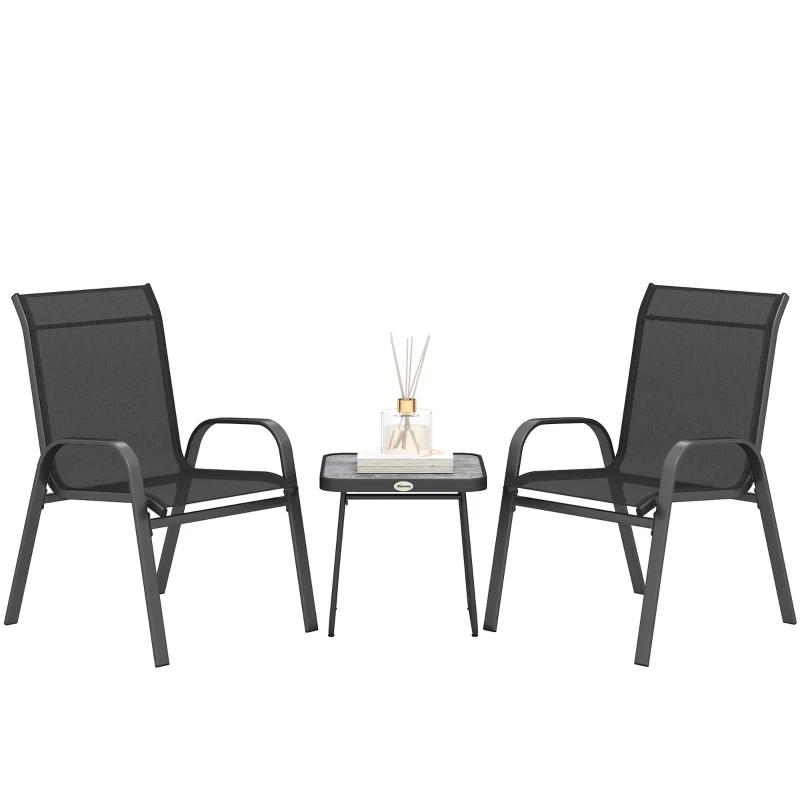 Outsunny 3 Pieces Outdoor Bistro Set - Patio Stackable Armchairs with Breathable Mesh Fabric and SPC Board Coffee Table, Black