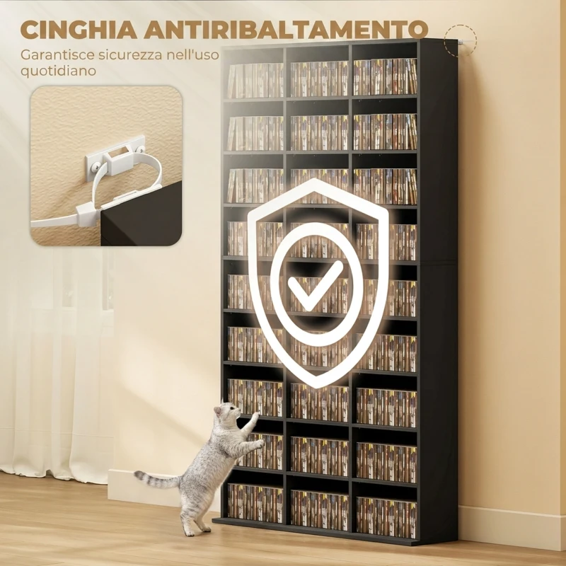 HOMCOM Mobile Porta CD a 9 Ripiani con 21 Ripiani, Scaffale Porta 835 CD/500 DVD/640 Blu-ray Salvaspazio, 100x24x175 cm, Nero
