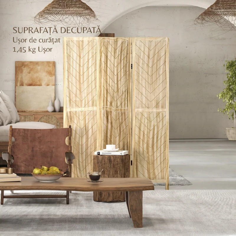 HOMCOM Paravan pliabil de interior cu 3 panouri în model os de pește din lemn, 120x1,6x170 cm