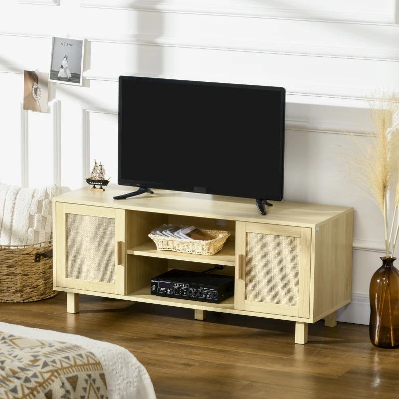 HOMCOM Fernsehtisch Lowboard  TV-Bank TV-Kommode mit 2 Rattantüren und Offene Regale MDF Natur 115 x 40 x 48 cm