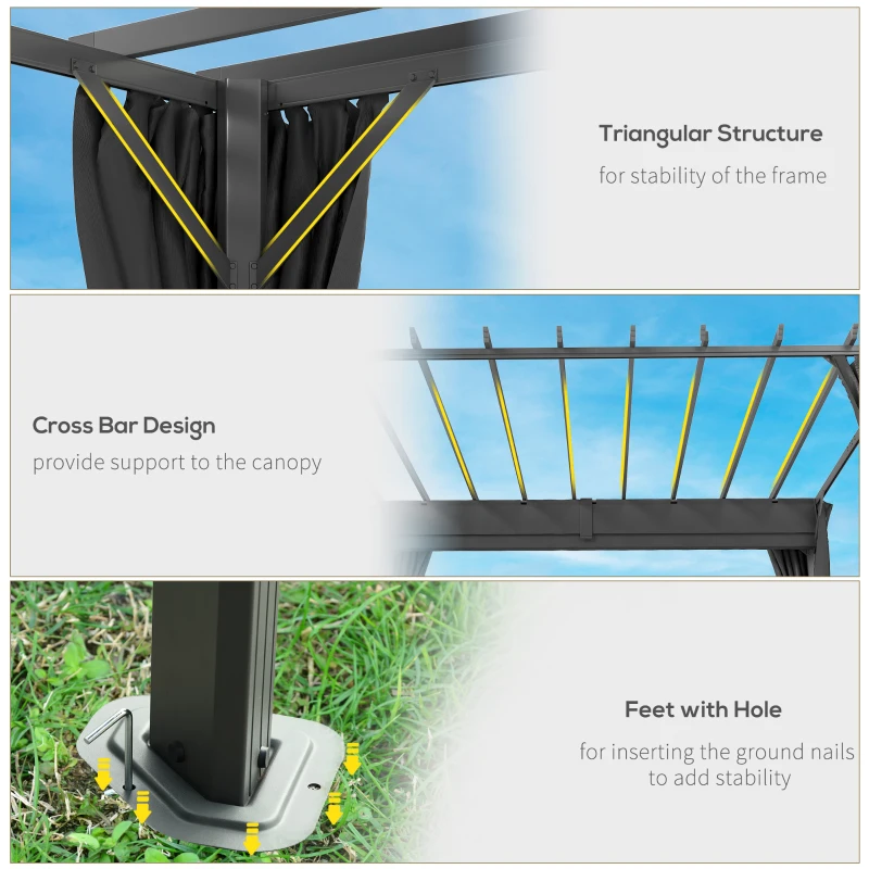 Outsunny 3.6 x 3 m Pergola with Retractable Roof Canopy, Curtains, Aluminium Garden Pergola Gazebo Sun Shade Shelter, Dark Grey