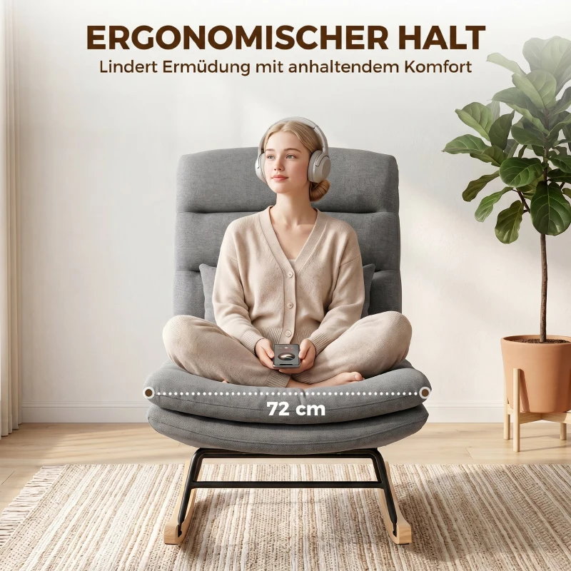 HOMCOM Schaukelstuhl Schaukelsessel mit Leinenoptik, Lendenkissen, hoher Rücken, breite Sitzfläche, Doppelpolsterung, Hellgrau