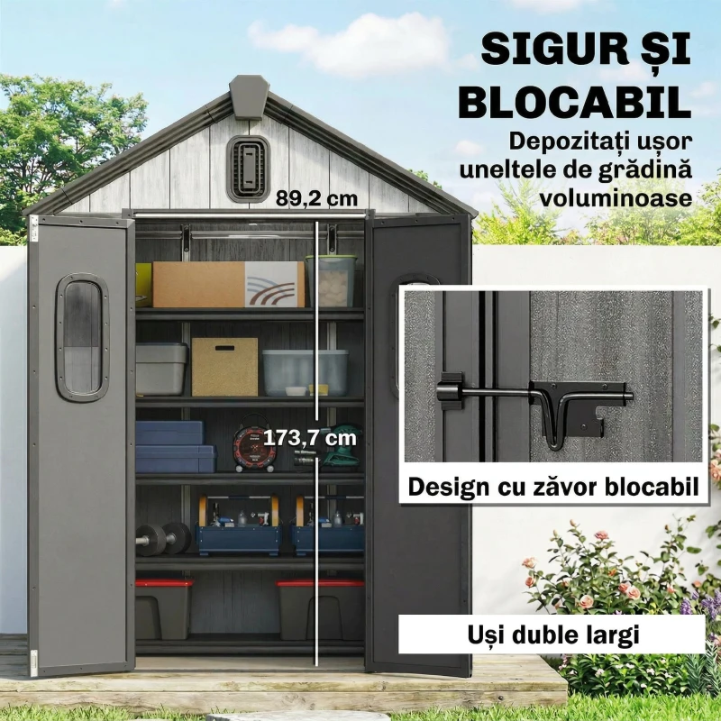 Outsunny Depozit de grădină, șopron, depozit pentru unelte, din plastic, cu podea, cadru metalic, guri de aerisire, 2 ferestre, uși duble blocabile, acoperiș înclinat, 3m², gri