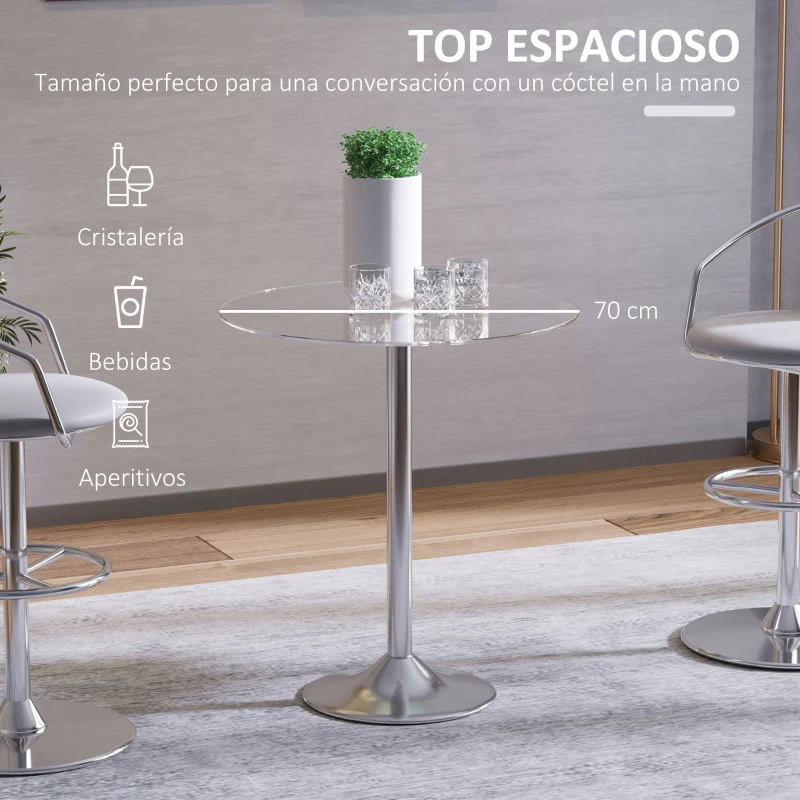 HOMCOM Mesa de Comedor Redonda para 2 Personas Mesa de Cocina Moderna con Superficie de Vidrio Templado para Salón Plateada