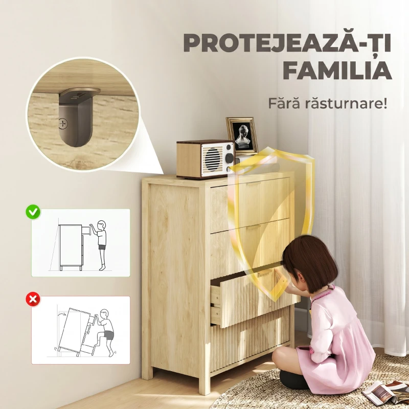 HOMCOM Comodă cu 4 sertare scanalate și mânere aurii, 70x38x93 cm, lemn natural