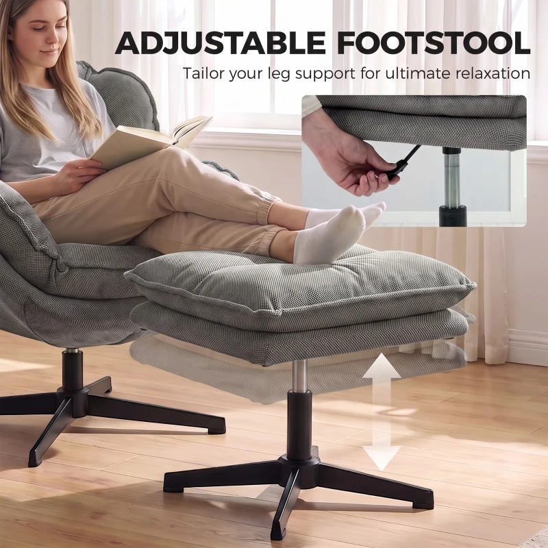 HOMCOM Armchair with Adjustable Footstool, 360° Swivel Chenille Cloud Accent Chair with Thick Cushion, Steel Base, Grey