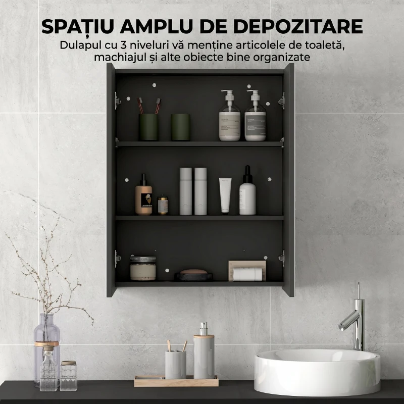 HOMCOM Armadietto Pensile Bagno 2 Ante con Specchiera e 2 Ripiani Interni in MDF, 60x15x75 cm, Nero