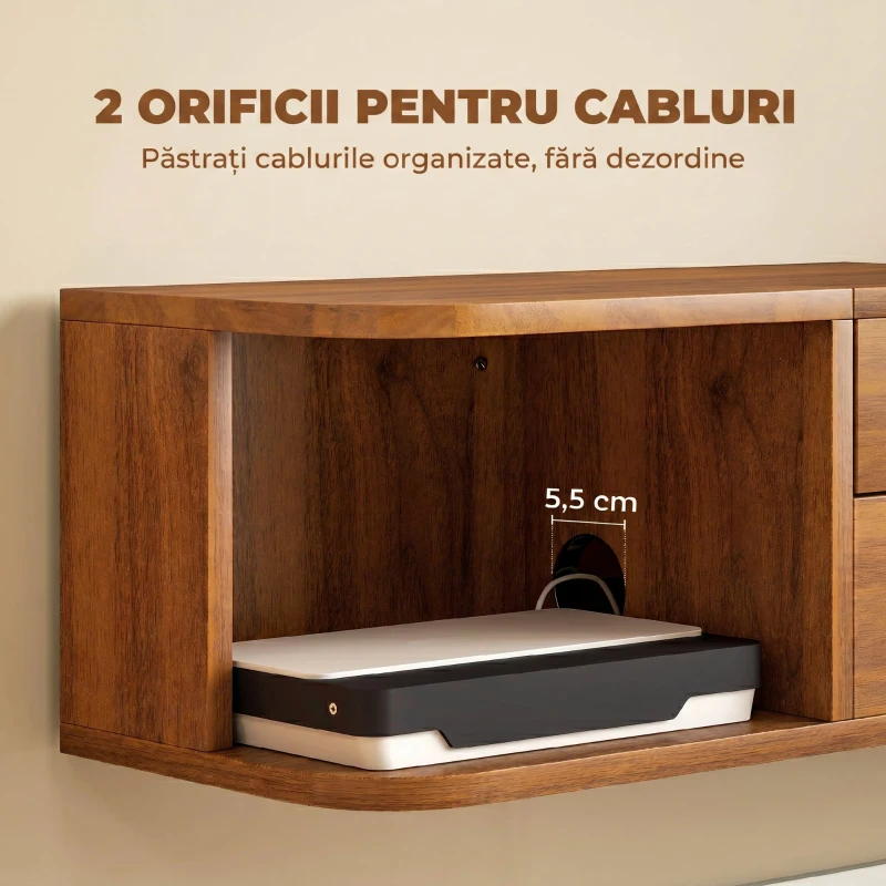 HOMCOM Mobilier TV Suspendat până la 50" cu Prize, USB și Tip C, Sertar și Rafturi, 120x24x22.4 cm, Nuc