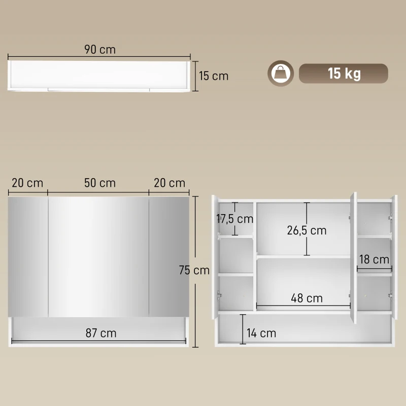 kleankin Specchiera Bagno con Armadietto 3 Ante Soft Close e Ripiani Regolabili, 90x15x75 cm, Bianco