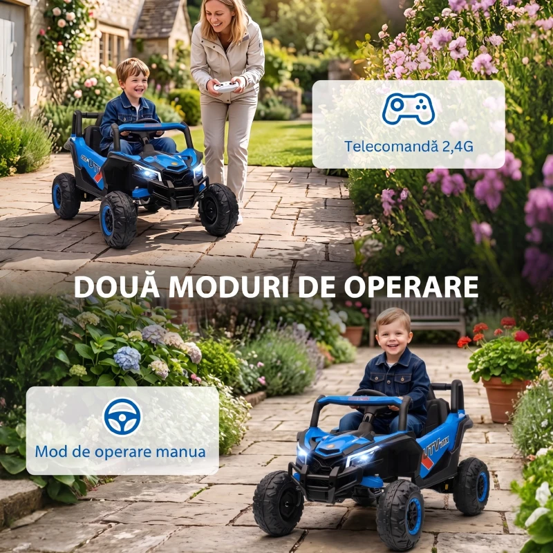 AIYAPLAY Mașină Electrică UTV pentru Copii 12V cu Centură, Telecomandă, Suspensii, USB, 3-7 km/h, 3-5 Ani, Albastru