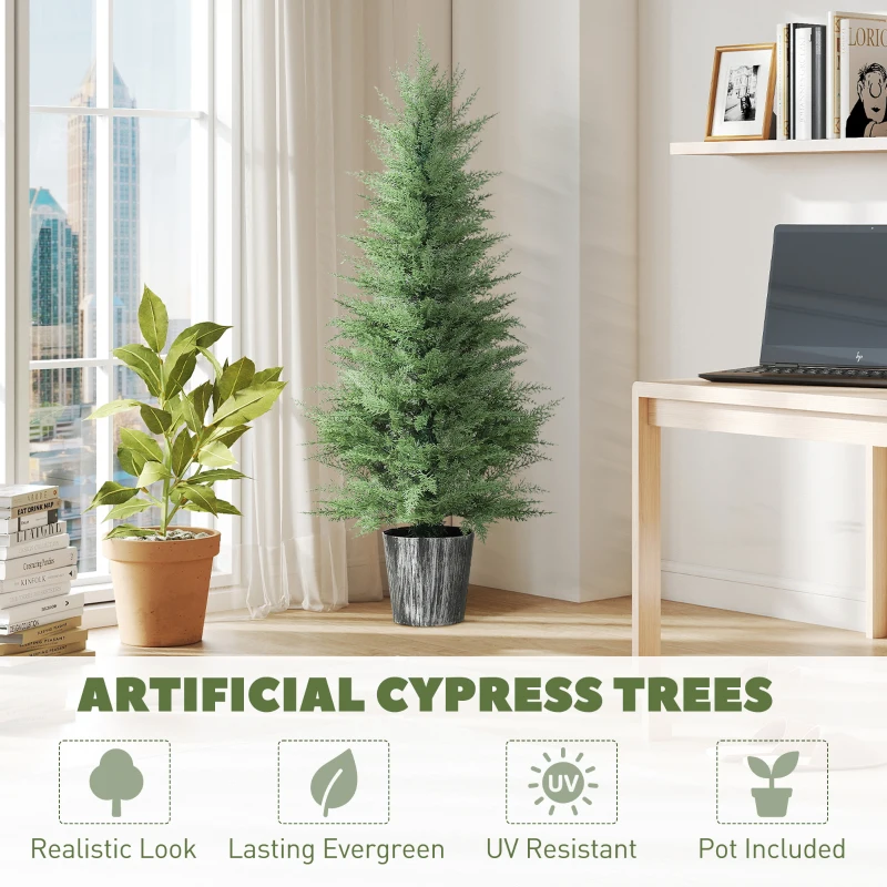 HOMCOM 135cm Artificial Cypress Trees Set of 2, UV Resistant Artificial Plants with Decorative Pot, Fake Plants for Indoor Outdoor Decor, Green