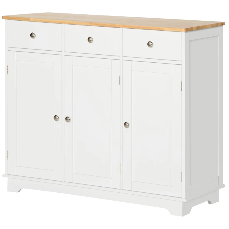 HOMCOM Sideboard with Rubber Wood Top, Modern Storage Cabinet, Kitchen Cupboard with 3 Doors, 3 Drawers and 3 Adjustable Shelves for Dining Room, Living Room, White