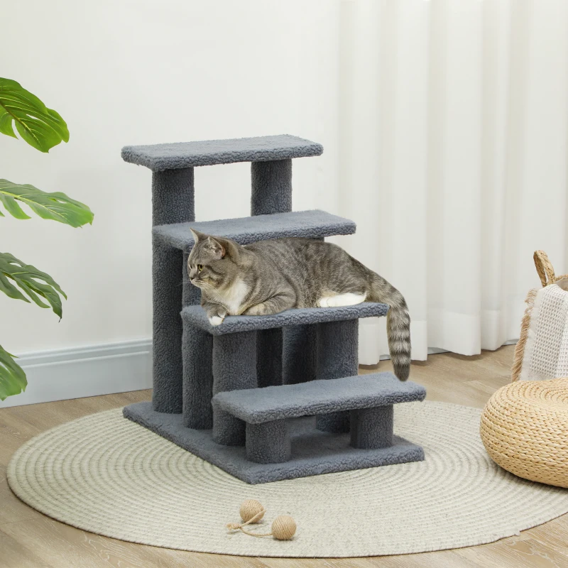 PawHut Escalier pour animaux de compagnie avec 4 marches revêtement effet laine bouclée 61 x 41 x 60 cm gris