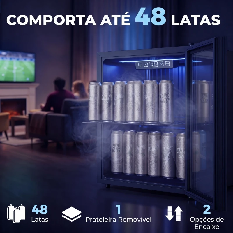 HOMCOM Frigorífico de Bebidas 50 L com Porta de Vidro Duplo Iluminação LED Prateleira Ajustável para 48 Latas