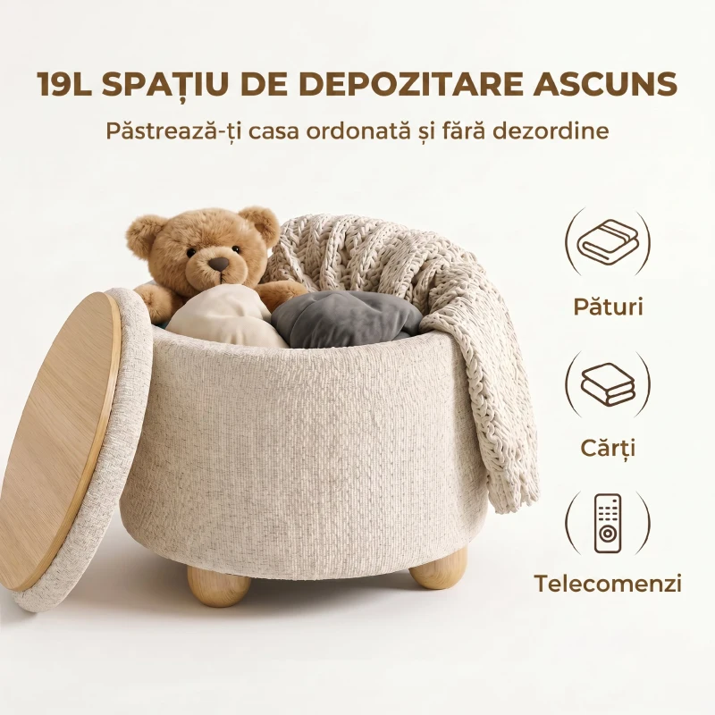 HOMCOM Otoman Rotund de Depozitare din Material Textil de Iută, 19 L, cu Capac, Bej
