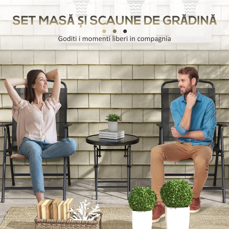 Outsunny Set de Grădină 3 Piese cu 2 Scaune 53,5x64x93 cm și Măsuță de Cafea Ø45x50 cm, din Metal, Negru