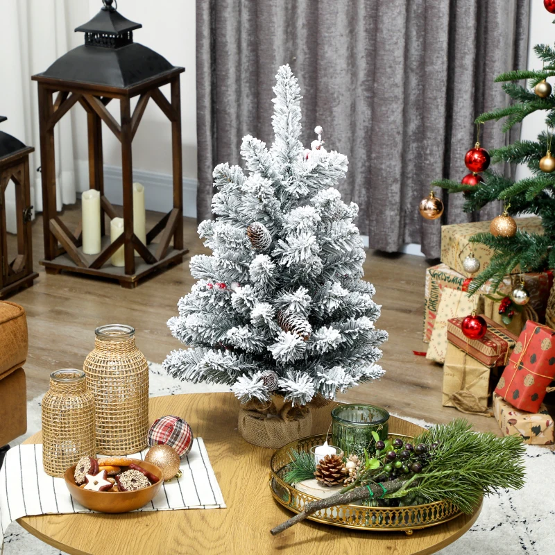 HOMCOM Albero di Natale Piccolo Alto 60 cm con 72 Rami Innevati, Pigne e Bacche Rosse, Verde