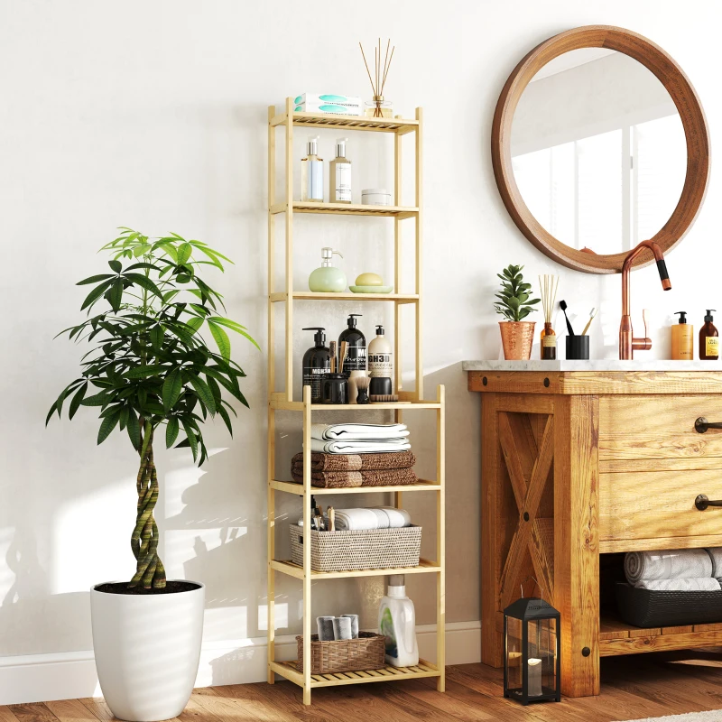 HOMCOM Estante de Casa de Banho de Bambu de 7 Níveis Estante de Arrumação com Desenho de Ripas 44x33x180 cm Madeira