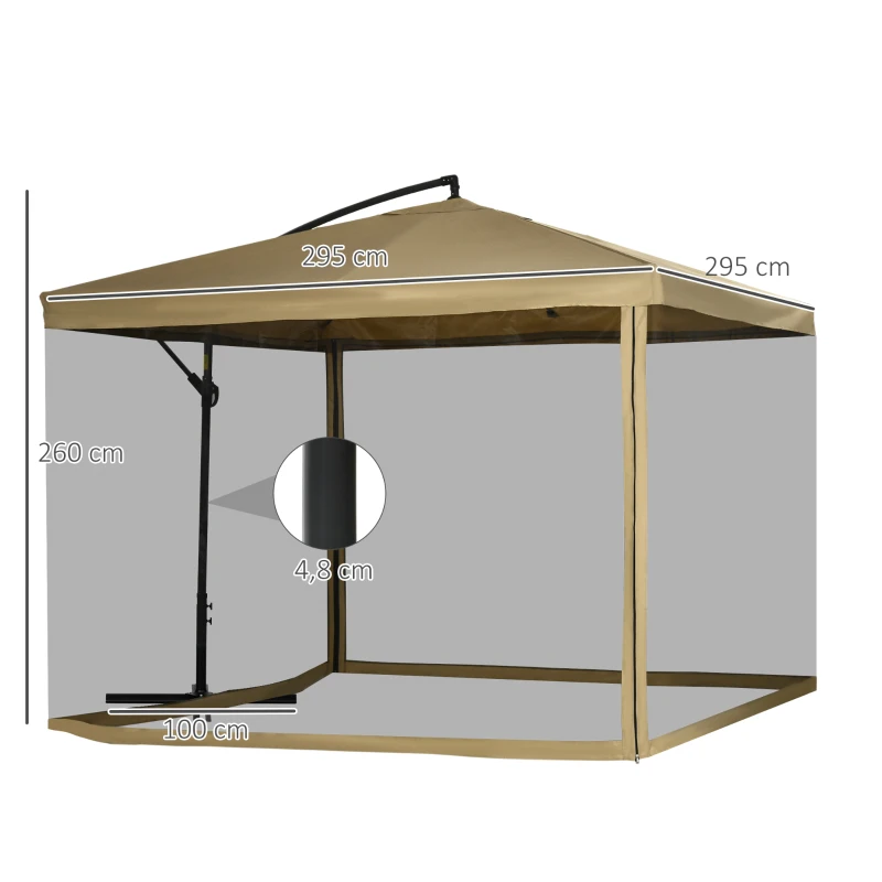 Outsunny Ombrellone da Giardino a Braccio Inclinabile con Apertura a Manovella e Zanzariera, 3x3 m, Beige