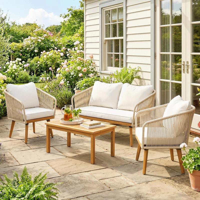 Outsunny Salon de Jardin 4 Pièces, Ensemble en Corde Tressée avec Structure en Acier et Bois d'Acacia, Coussins, Blanc Crème