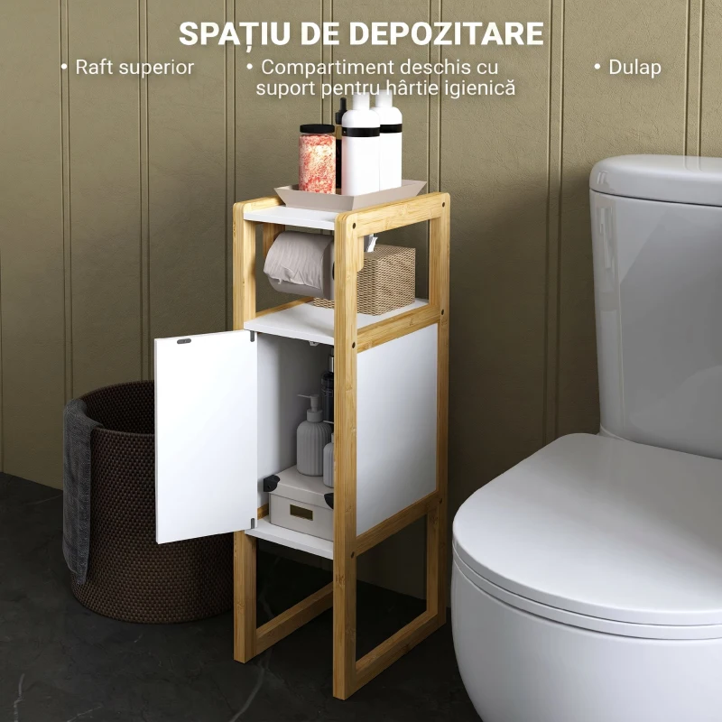 HOMCOM Dulap de Baie Economisitor de Spațiu cu Suport pentru Hârtie Igienică, Dulap și Raft din Bambus, 20x33x80cm, Alb