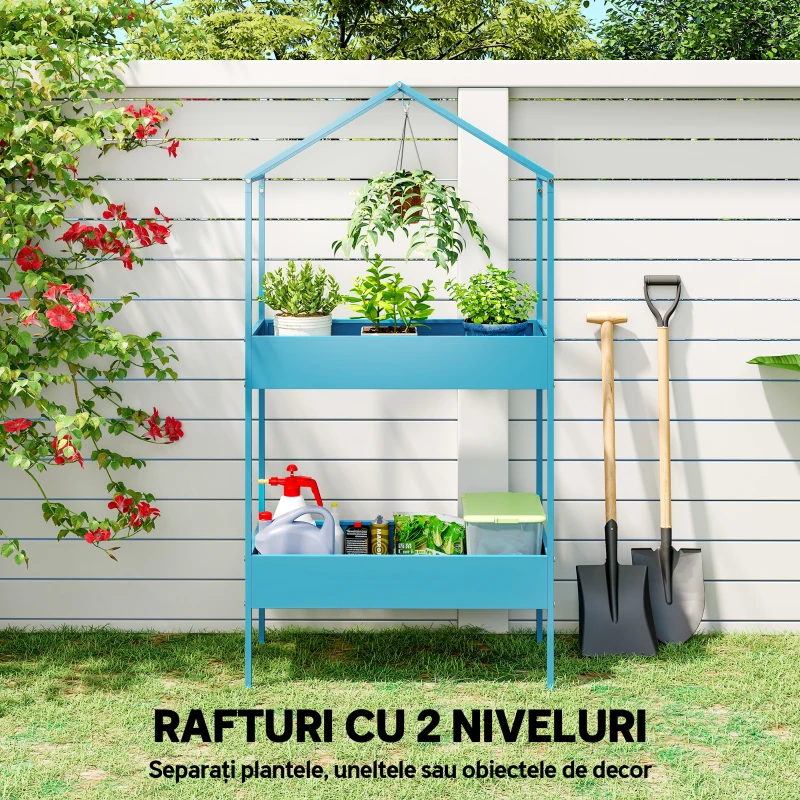Outsunny Suport de flori cu 2 niveluri, în formă de căsuță, din metal, cu cârlig, 75x35x150 cm, albastru-verde