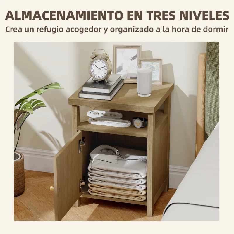 HOMCOM Mesita de Noche con Puerta de Ratán Mesilla de Noche con Estante Abierto y Compartimento 40x35x55 cm Madera Natural