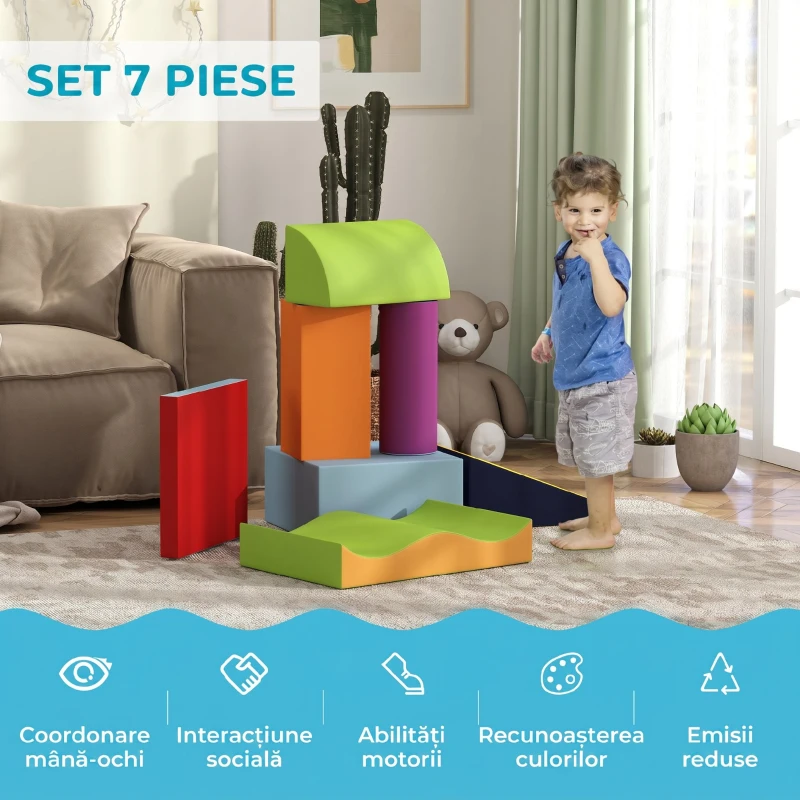 HOMCOM Set de 7 Blocuri Moi pentru Copii 1-3 Ani, Spumă și Piele PU, pentru Casă  Grădiniță, 60 x 40 x 11 cm, Multicolor