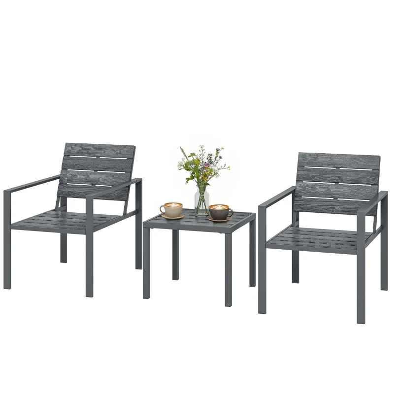 Outsunny Set da Giardino 3pz con 2 Sedie da Esterno e Tavolino da Caffè, in HDPE e Metallo, Grigio Scuro