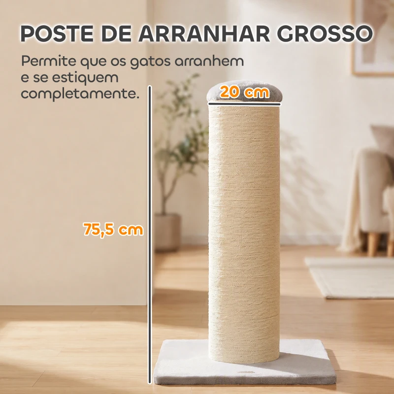 PawHut Poste Arranhador para Gatos 75,5 cm com Base Estável e Corda de Sisal Natural, Cinzento-Claro