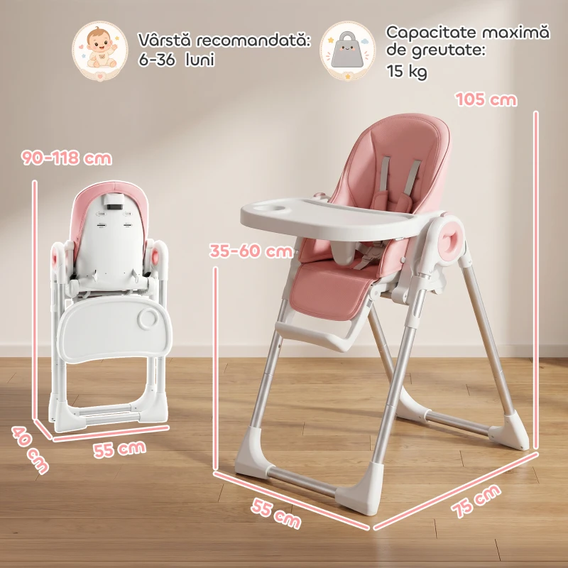 AIYAPLAY Scaun de Masă Pliabil pentru Copii 6-36 Luni cu Înălțime Reglabilă, Dublă Tăviță Lavabilă, Roți, Roz