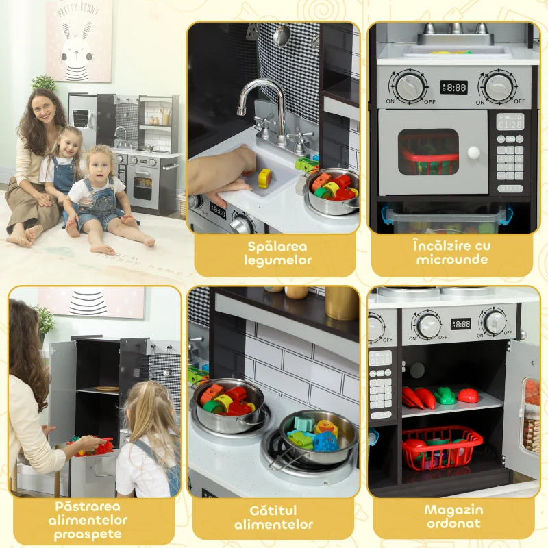 AIYAPLAY Bucătărie de jucărie pentru copii 3-8 ani din lemn cu accesorii, frigider, chiuvetă și butoane cu sunete, maro
