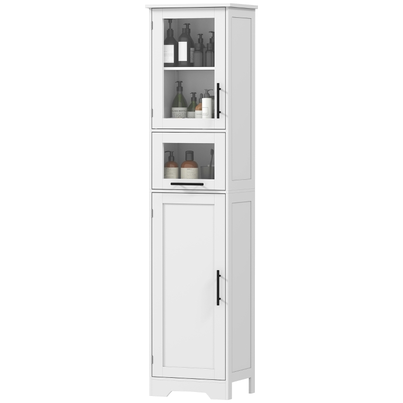 HOMCOM Coluna Casa de Banho com Porta de Vidro Prateleiras Ajustáveis Gaveta para Espaços Pequenos 40x31x170 cm Branco