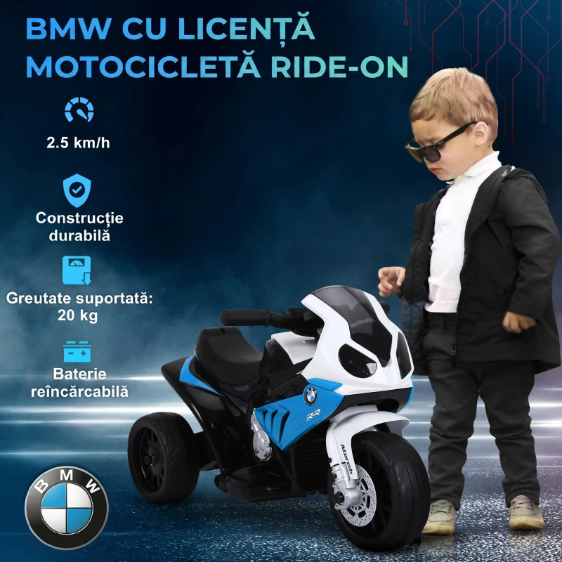 HOMCOM Motocicletă Electrică pentru Copii 18-36 Luni cu Licență BMW, 6V, 3 Roți, Faruri, Muzică, 2,5 km/h, Max 20kg, Albastru