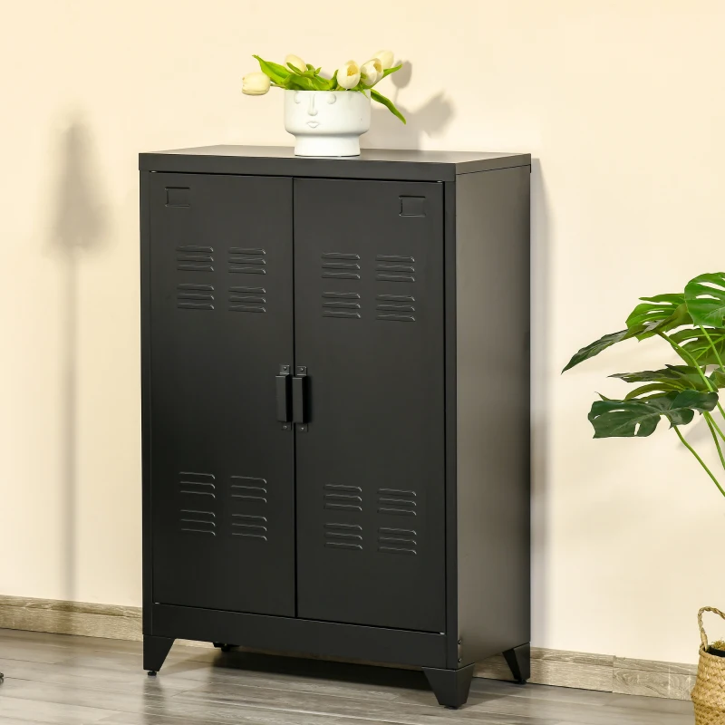 HOMCOM Armário de Metal de Armazenamento com Dupla Porta 2 Prateleiras com Altura Ajustável Armário para Escritório 75x33x110cm Preto