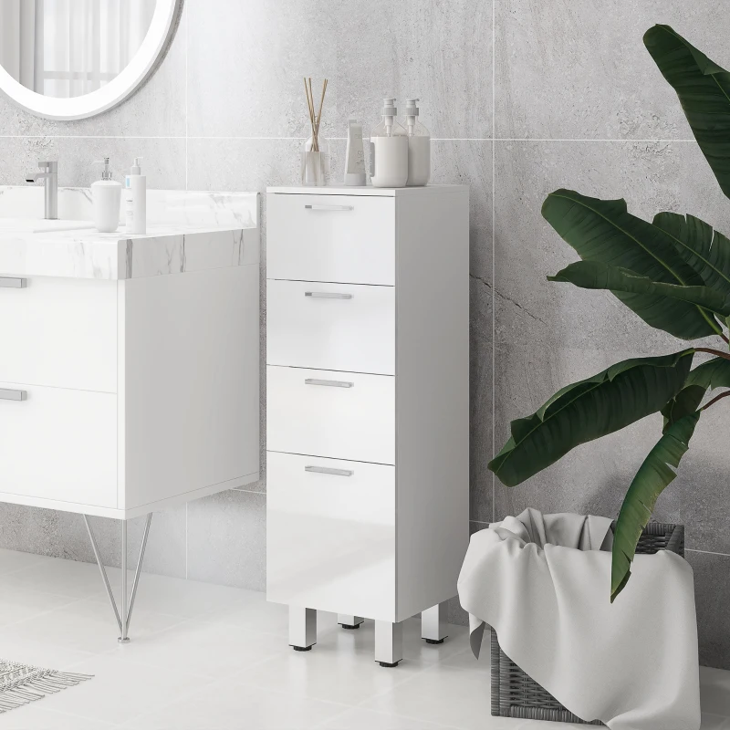 kleankin Meuble de salle de bain sur pied - 4 tiroirs et base surélevée, commode salle de bain salon chambre, 30x30x93cm, blanc