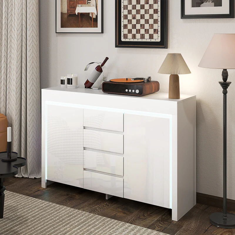 HOMCOM Buffet salon, meuble de rangement avec éclairage LED 4 tiroirs portes à fermeture douce 120 x 34 x 80 cm, blanc brillant