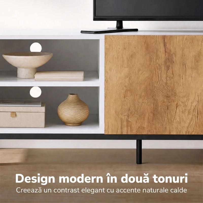 HOMCOM Comodă TV cu Rafturi Reglabile și Ușă Soft-Close, PAL și Oțel, 140x36,5x50 cm, Alb și Stejar