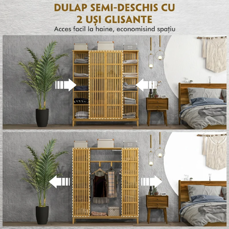 HOMCOM Dulap Deschis din Bambus cu 2 Uși Glisante, Rafturi Deschise și Bară pentru Umerașe, 145x35x165cm
