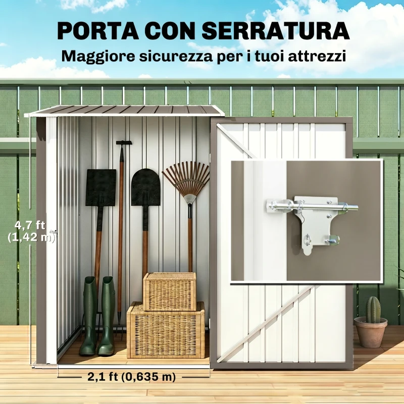 Outsunny Casetta Porta Attrezzi 0.92m² in Acciaio Zincato con Tetto Inclinato e Serratura, 100x103x160 cm, Marrone
