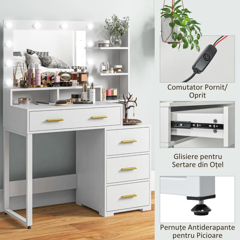 HOMCOM Masă de Machiaj din Lemn cu 4 Sertare, 6 Rafturi Deschise și Oglindă, 100x40x138 cm, Alb